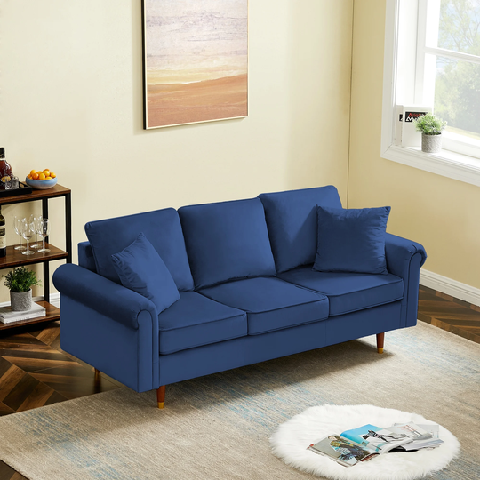 Velvet Upholstered Sofa Couch with 2 Pillows and Modern 3 Seater Sofa With Wood Legs for Living Room and Bedroom