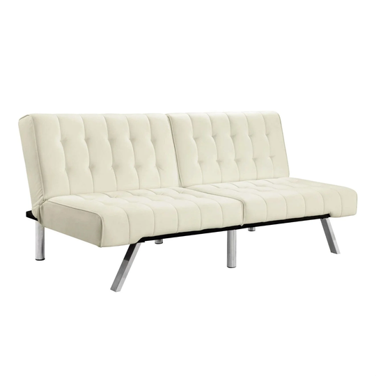 Split-back Modern Futon Style Sleeper Sofa Bed in Vanilla Faux Leather - Pictured