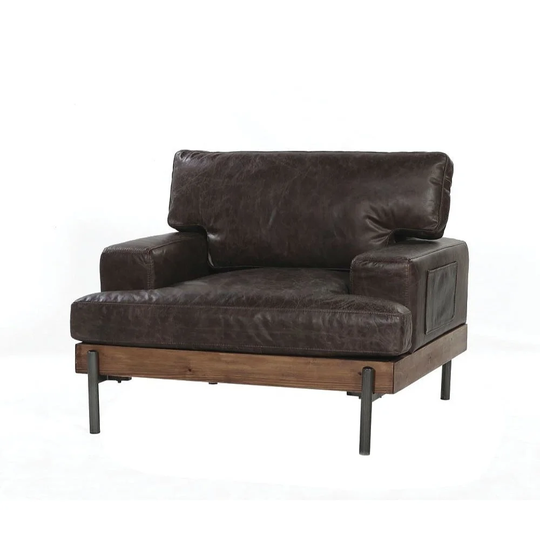 Vintage Leatherette and Wood Chair with Metal Spindle Leg, Chocolate Brown