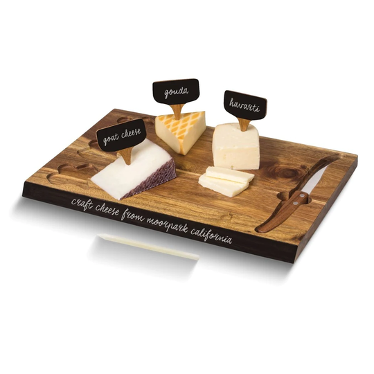 Curata Delio Acacia Wood Serving Board with Knife 3 Chalkboard Cheese Markers and Soapstone Pencil