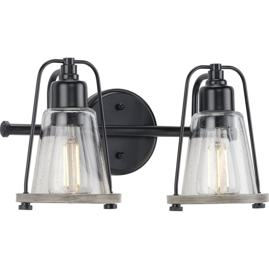 Conway Collection 2-Light Matte Black Clear Seeded Glass Farmhouse Wall Light