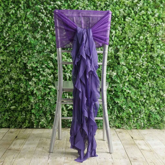 Purple Premium Curly Chiffon Chair Cover Cap With Sashes