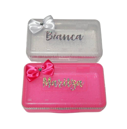 Sparkle Pencil Box Clear Pink Case Makeup Jewelry Holder Personalized Name Sequin Wipes Travel Pink Bow Glitter Girls School Idea Bling
