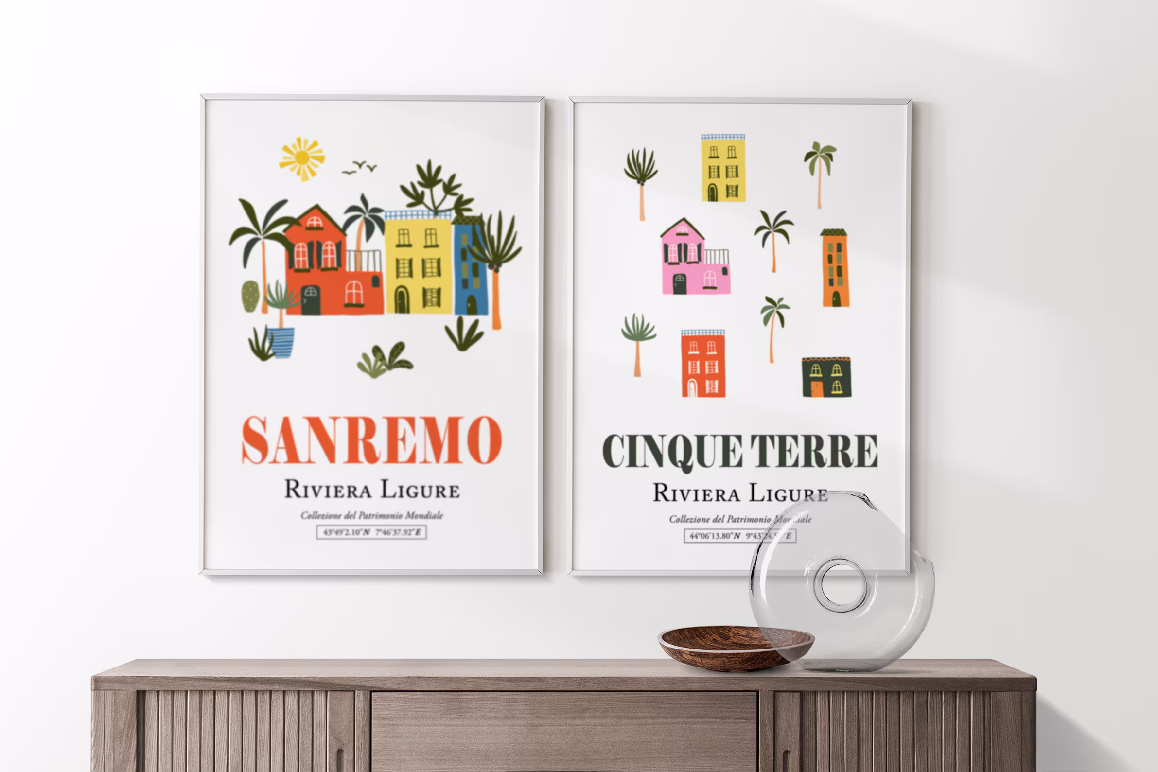 Set Of 2 Sanremo Liguria Italy Colorful Houses & Cinque Terre Aesthetic Wall Decor Print Posters