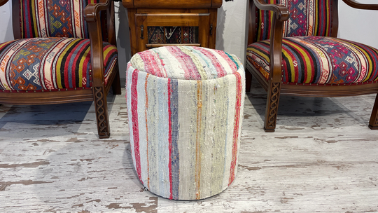 Handmade Contemporary Vintage Boho Ottoman Round Pouf Chair Floor Pillow Seat Cotton Colorful Decorative Luxury 18x18 Inch