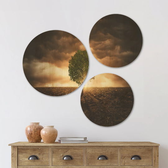 Designart 'Lonely Tree under Dramatic Sky' Landscape Wood Wall Art Set of 3 Circles - Multi-Color
