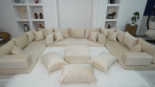 Velvet Beige Color U Shaped Floor Seating Sofas, Couch, Moroccan Livingroom Home Decor, Sectional Meditation Yoga Sofas