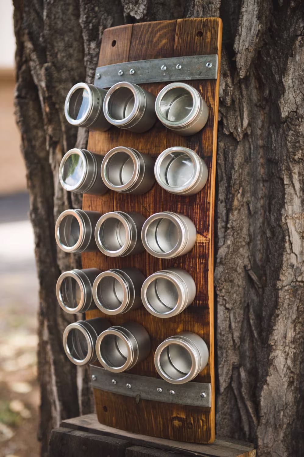 Reserved Listing Custom Banded Barrel Spice Rack - 15 Cans