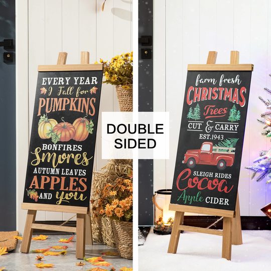 Glitzhome 32"H Double-Sided Wooden Porch Sign with Changable Sign Board (Fall & Christmas) - Multi-color
