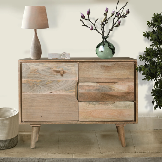 Cyril 36 Inch 3 Drawer Mango Wood Buffet Sideboard Cabinet, 1 Door, Recessed Handles, Oak Brown