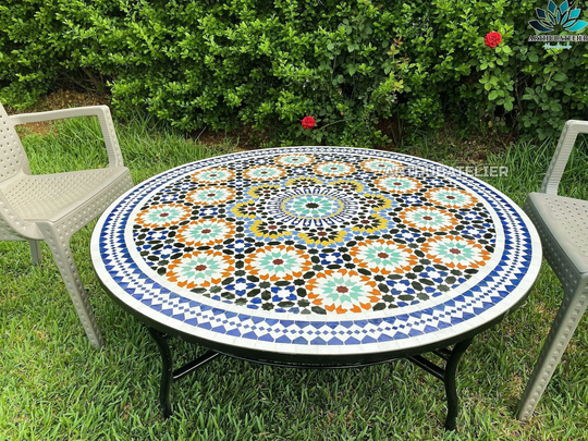 Moroccan Dining Table Round Made From Mosaic & Tiles 100% Handcrafted It For Outdoor Indoor, Mosaic Works Beach House Too