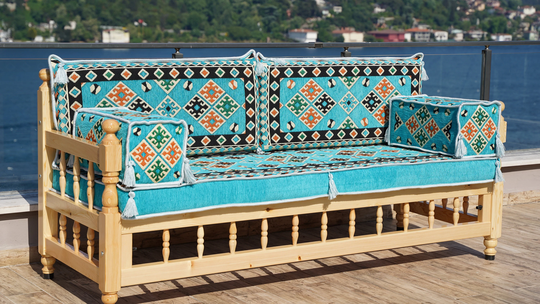 Light Blue Arabic Sofa, Patio Furniture, Handmade Wooden Bench, Moroccan Living Room Couch, Majlis, Outdoor Furniture