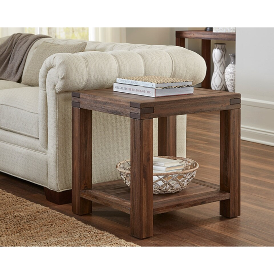 Acacia Wood End Table with Exposed Mortise and Tenon Corner Joints, Brown - 24 H x 27 W x 22 L Inches