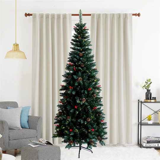 7.5ft Artificial Slim Christmas Tree Pre-lit Pencil Feel Real Skinny Fir Tree with Cones and Berries foldable metal stand