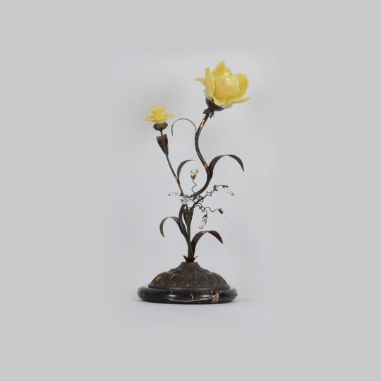 Gold Dust Flower Table Lamp With Glass Shade & Jade Stone Base - Mid Century Modern Desk Hollywood Regency Home Decor