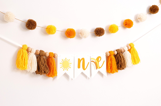 Boho Sunshine High Chair Banner, Tassel Garland, Wood Bead First Birthday Decorations, Highchair