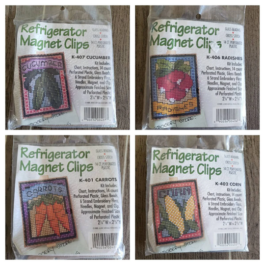 Vintage Needlepoint Cross Stitch Refrigerator Magnet Clip Kits Set Of 4 | Vegetable Themed
