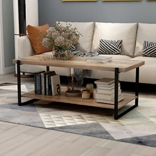 Wooden Coffee Table with Storage, 2 Tier Rustic Center Table Industrial Accents Simple Wooden Top Metal Frame