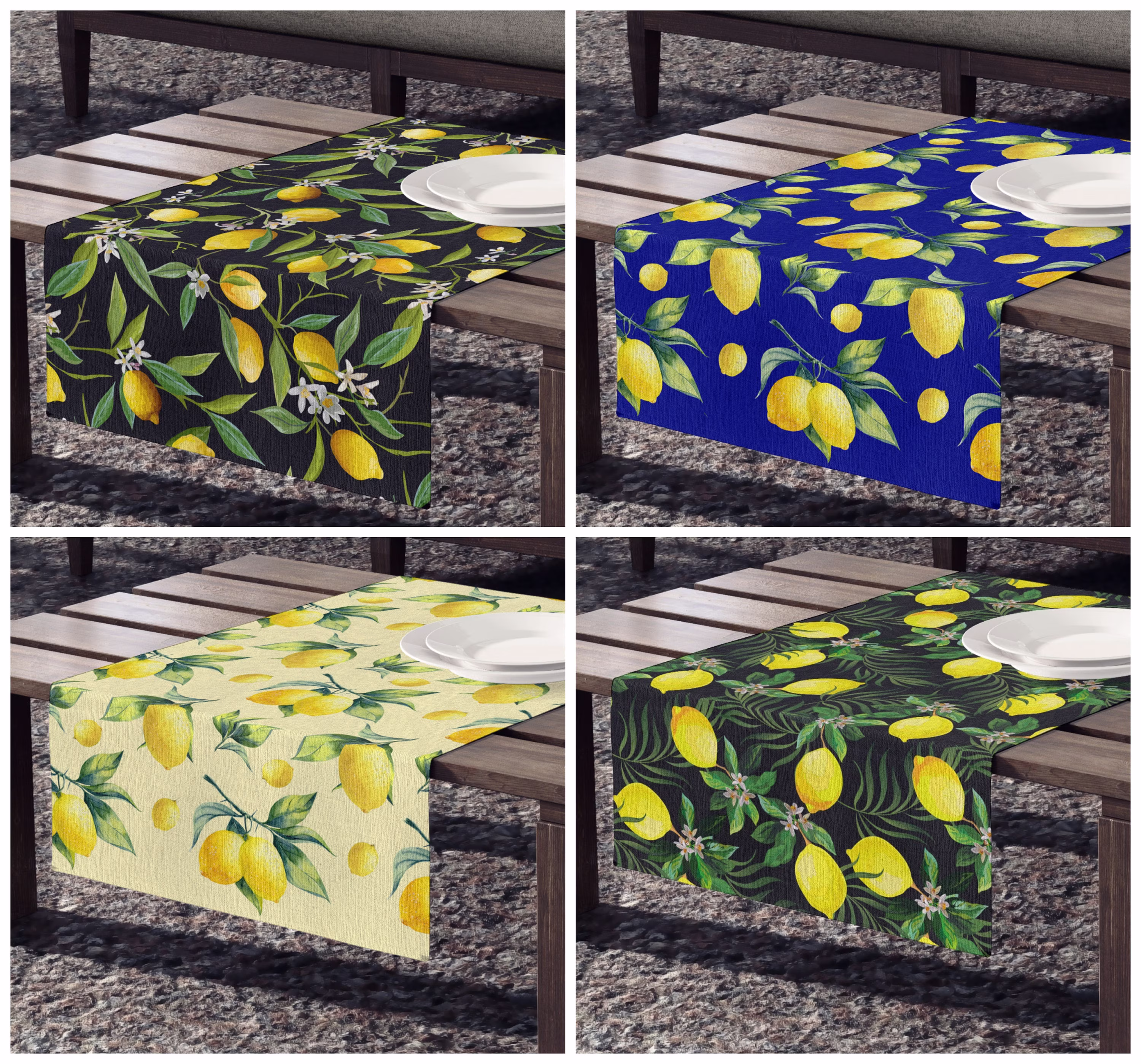 Lemon Table Runner|Outdoor Runner|Lemon Decor|Lemon Home Leaves Runner|Navy Blue, Black Runner