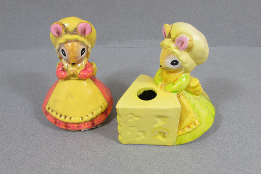 Josef Originals Lorrie Huff Designs 1960S Vintage Mouse Mice Pencil Holder & Tape Measure, Japan Mod Era Paper Mache Chalkware, Set Of 2