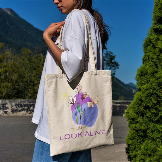 Look Alive Tote Bag -Aesthetic Tote Bag, Plant Line Art Tote, Vegan Gift, Plant Lover Print, Plant Bag, Flower Bag