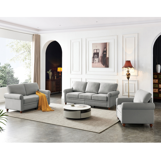 3 Piece Sets Modern Three-seat Sofa and Loveseat & Single Chair, Polyester Thicken Padded Seat Rolled Arms Sofa with Wood Leg