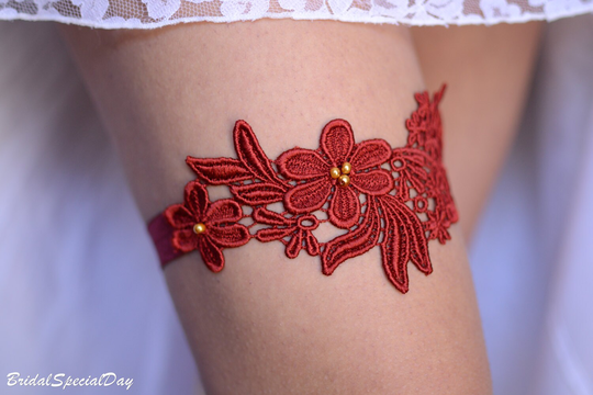 Red Orange Garter Wedding Set, Keep & Toss Bridal Flowerappliques Handmade Garter, Accessories Garters