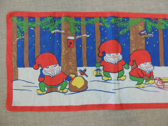 Christmas Elves Linen Table Scarf Or Runner Rare Vintage Piece 11" By 24" Signed "Hill" Possibly Scandinavian Retro Christmas Cottage Chic