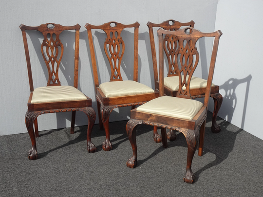Set Four French Louis Xvi Chippendale Side Chairs Ball & Claw Feet W Silk Fabric