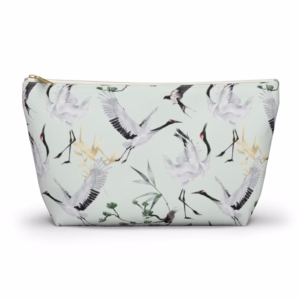 Japanese Cranes Print Accessory Pouch W T-Bottom Cute Makeup Small Zipper Pencil Make Up Women Artist Gift