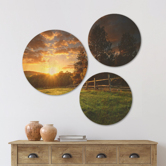 Designart 'Fenced Ranch at Sunrise' Landscape Wood Wall Art Set of 3 Circles - Multi-Color