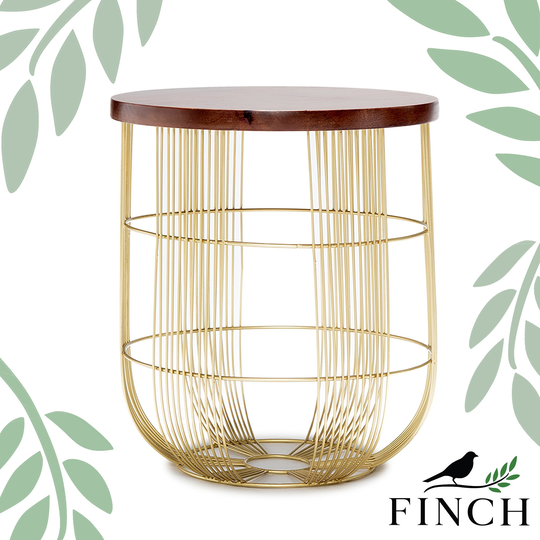 Finch Maxwell Gold Metal Side Table, Small Round Accent Drum End Table, Gold