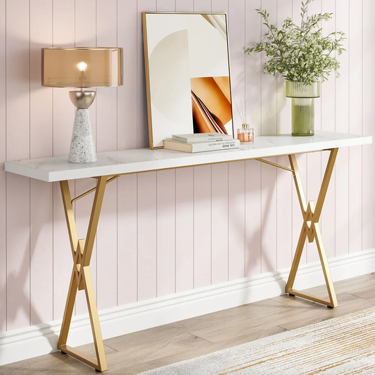 White Wood Metal Console Table Entryway Narrow Sofa Table Behind Couch - 54 x 84