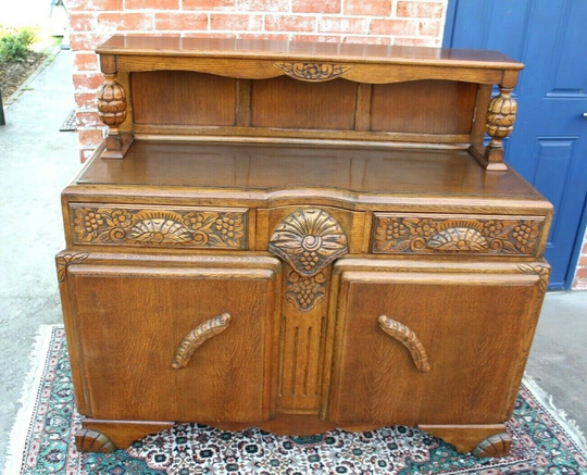 English Antique Tiger Oak Art Deco Sideboard/Buffet Bar Cabinet Console Table