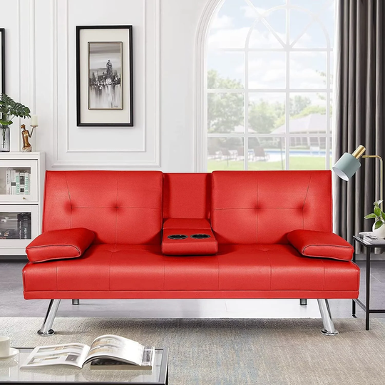 Modern Convertible Sleeper Sofa, Faux Leather Foldable Recliner Couch with 2 Cup Holders, Upholstered Futon Sofa Bed