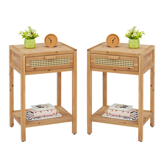 Kinbor 2-Piece Rattan Nightstands, Natural Wood Night Tables w/ Drawer, Storage Shelf, Sofa End Table for Living Room Bedroom