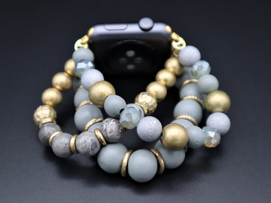 Handmade Crystals Landscape Wood Chunky Gold Beads Apple Samsung Fitbit Watchband, 4, Active 40mm 44mm. Versa 1-2-3, Stretchy Band