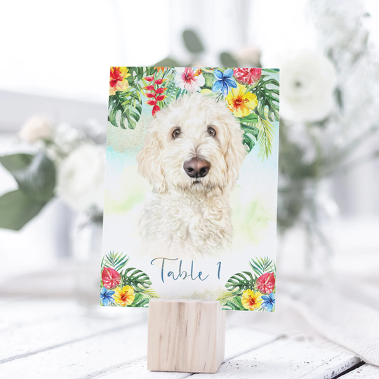 Tropical | Hawaiian Wedding Table Numbers, With Your Pet Illustration, Decor, Decor