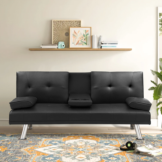 Mieres Mid-Century Modern Style PU Leather Convertible Futon Sofa Bed with 2 Cup Holders and Chrome Plated Metal Legs