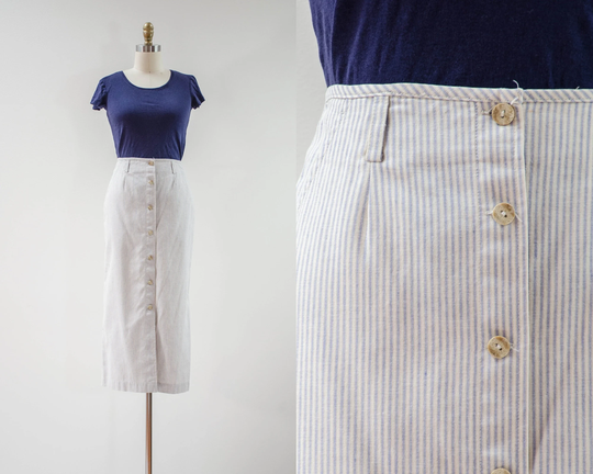 Blue Striped Linen Skirt | 90S Vintage Cream Beige Ticking Seersucker Button Down Longline Pencil