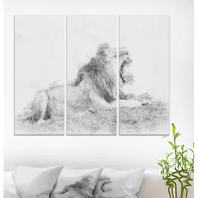 'Black and White Lion Pencil Sketch' Drawing Print Multi-Piece Image on Wrapped Canvas