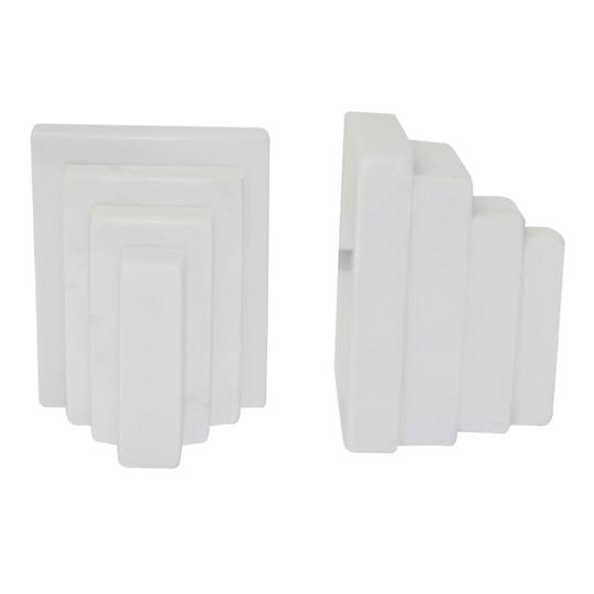 Contemporary Style Marble Step Design Bookend, White