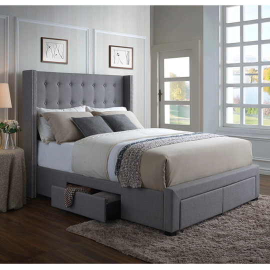 Strick & Bolton Roth Grey Linen Wingback 4-drawer Storage Bed