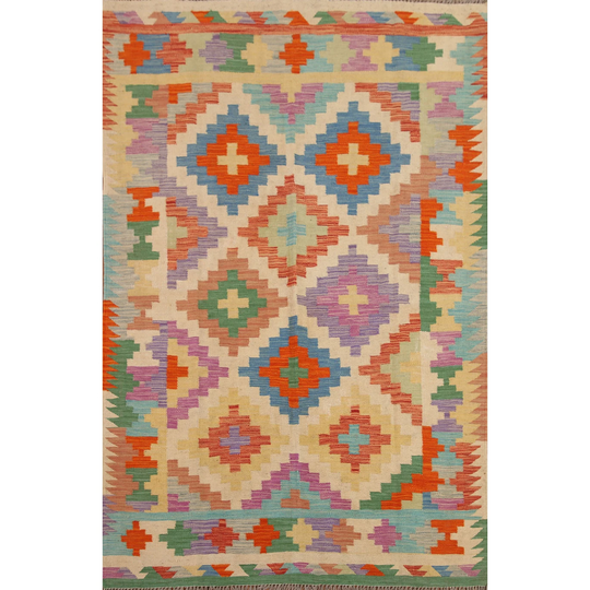 Colorful Kilim Reversible Area Rug Flat-weave Geometric Wool Carpet - 4'11" x 6'9"