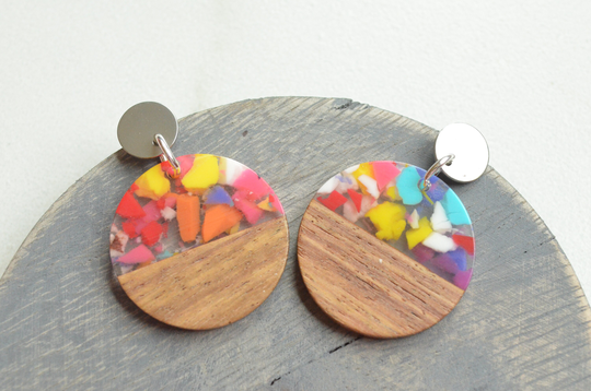 Multi Color Statement Earrings, Lucite Wood Large Colorful Gifts For Women - Orville