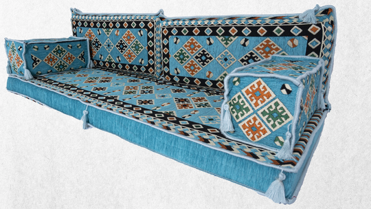 Traditional Arabic Sofa, Floor Seating Set, U Shaped Majlis, Turkuoise Jalsa, Pallet Cushion