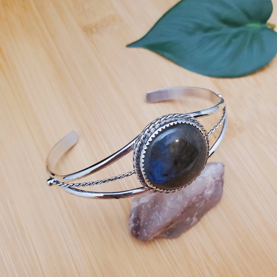 Socute925 Blue Labradorite Cuff Bracelet | Sterling Silver Dainty Southwest Signed Sonny Tn Made in Usa