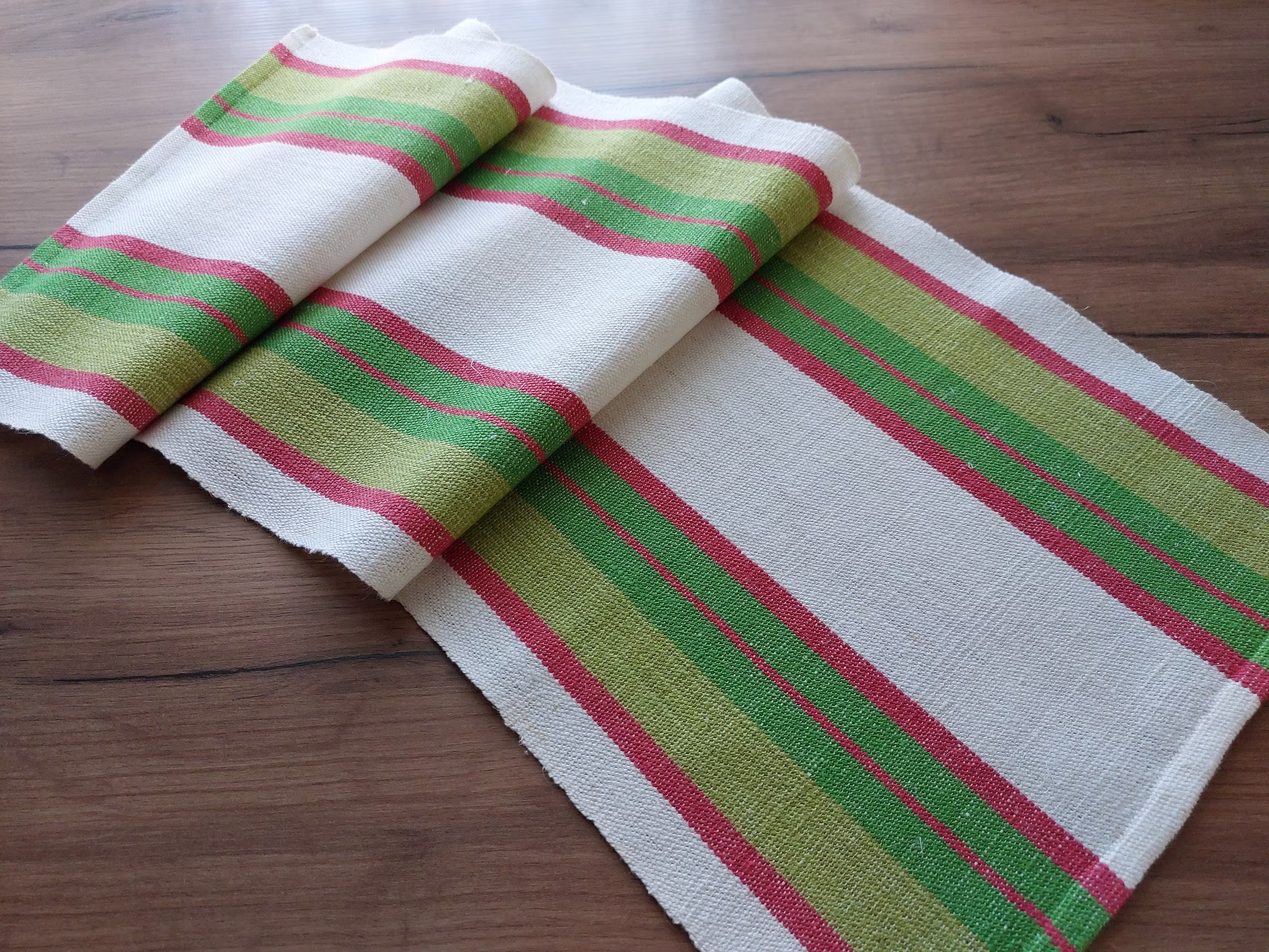 Vintage Woven Linen Striped Short Table Runner, Topper, Dressing White Green Red Dress, Scandinavian Linens | E1