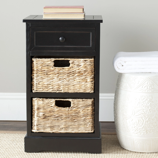 Home Collection Carrie Distressed Black/ Natural Wicker 3-Drawer Storage Nightstand Side Table