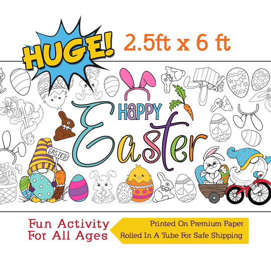 Easter Coloring Banner, Happy Paper Tablecloth, Table Cover, Party Activity - 30" X 72" Inches